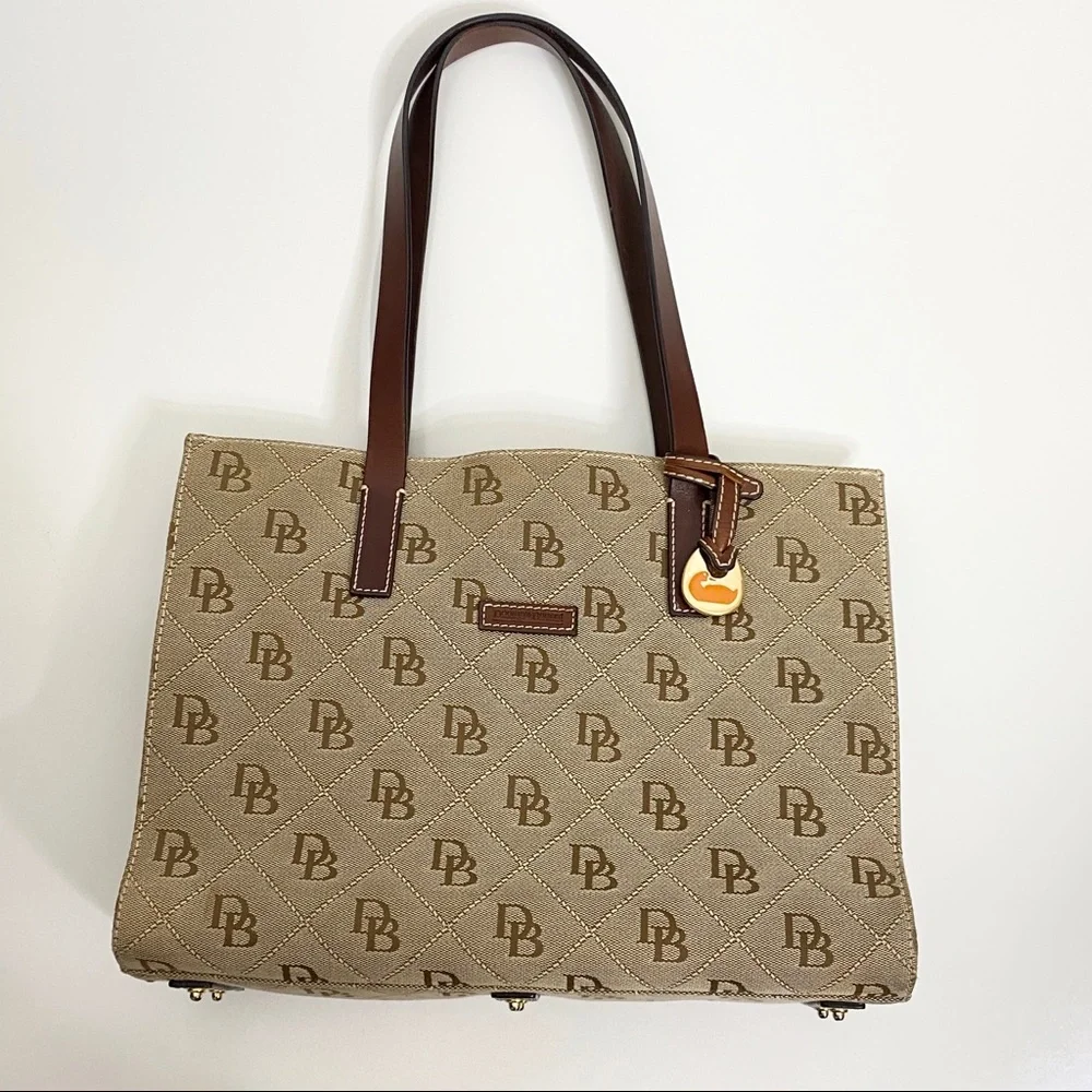 Dooney & Bourke Tan Logo Jacquard Tote with Brown Leather Trim